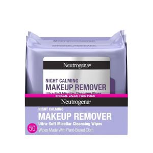 imageNeutrogena Night Calming Makeup Remover Face Wipes Nighttime Cleansing Towelettes Remove Sweat Dirt ampamp Makeup ampamp Calms Skin Hypoallergenic 100 Plant Based Cloth Twin Pack 2 x 25 ct50 Count Pack of 1