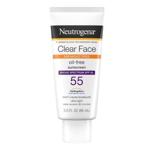 imageNeutrogena Clear Face Sunscreen Lotion for AcneProne Skin Broad Spectrum SPF 30 Facial Sunscreen for Oily Skin Fragrance ampamp OxybenzoneFree Water Resistant 3 fl ozSPF 55
