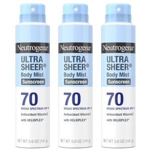 imageNeutrogena Ultra Sheer Body Mist Sunscreen Spray Broad Spectrum SPF 70 Lightweight Spray Sunscreen NonGreasy ampamp Water Resistant OilFree ampamp NonComedogenic UVAUVB 5 oz Pack of 35 Ounce Pack of 3