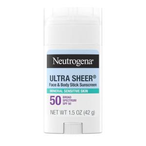 imageNeutrogena Ultra Sheer Dry Touch SPF 50 Mineral Sunscreen Stick for Sensitive Skin Zinc Oxide Body ampamp Face Sunscreen with Vitamin E No White Residue ampamp Vegan 15 oz15 Ounce Pack of 1