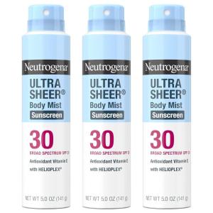 imageNeutrogena Ultra Sheer Body Mist Sunscreen Spray Broad Spectrum SPF 30 Lightweight NonGreasy ampamp Water Resistant OilFree ampamp NonComedogenic OxybenzoneFree UVAUVB Sunscreen Mist 5 oz Pack of 3